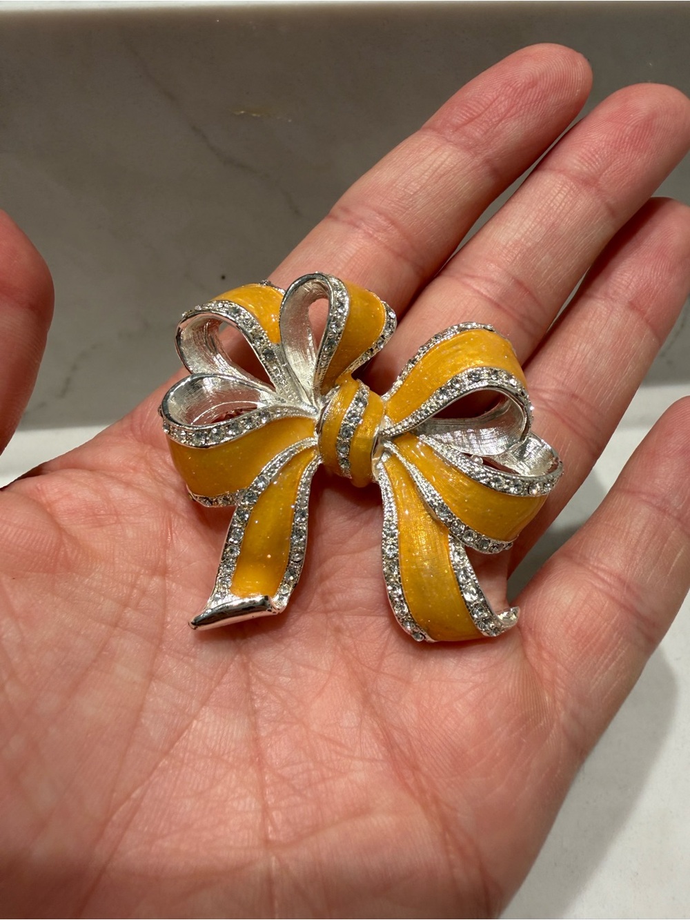 Vintage Silver Tone & Yellow Bow Rhinestone Brooch